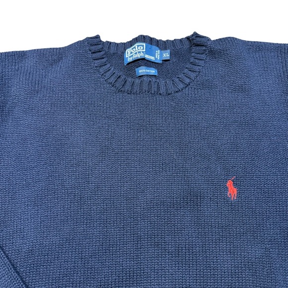 Polo Ralph Lauren Men's Navy Blue Cotton Crewneck Sweater XL Red Pony Logo - Picture 2 of 6